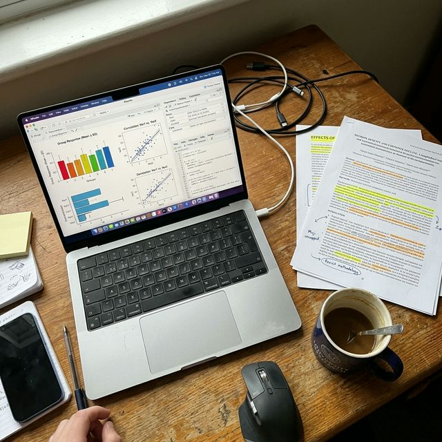 Academic workspace with statistical printouts and laptop showing research data