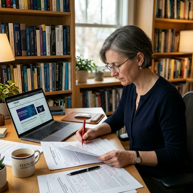 Academic manuscript editing desk with journal and fountain pen