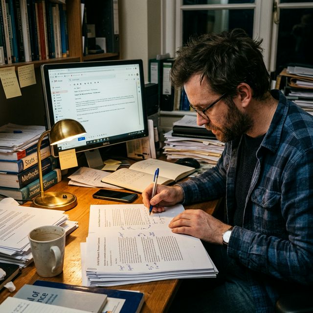 Peer review manuscripts with editorial marks on academic desk