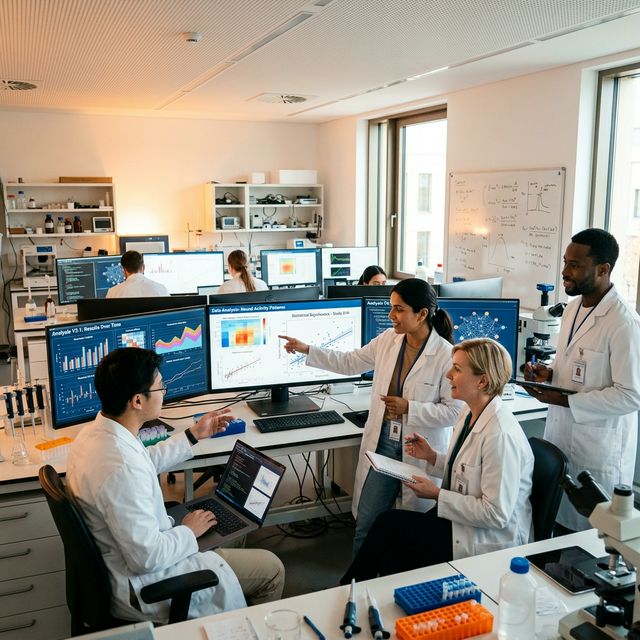 Research team analyzing data in a modern laboratory